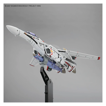 Bandai HG VF-25F Messiah Valkyrie Alto Custom model kit with detailed parts and vibrant colors, displayed in assembled form.