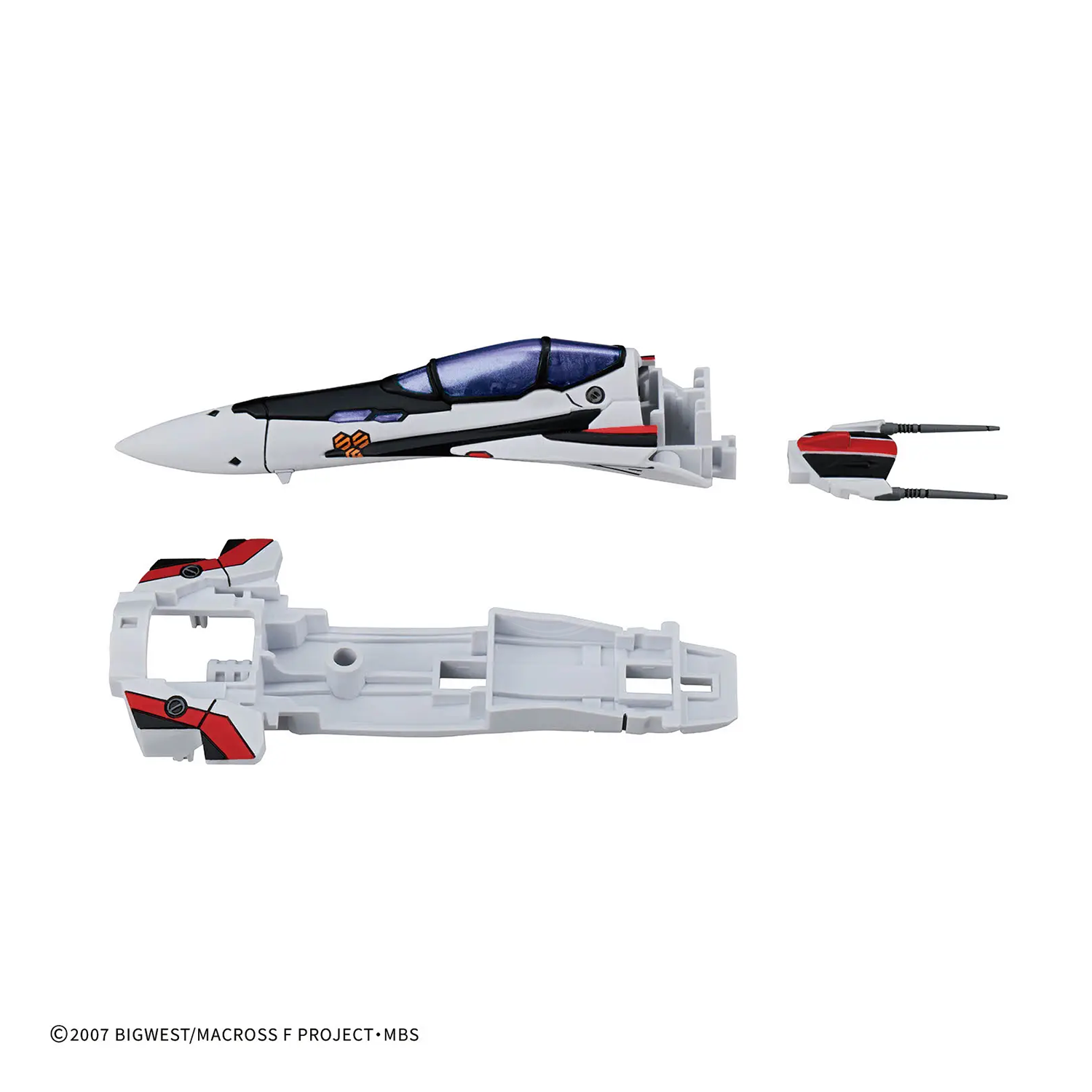 Bandai HG VF-25F Messiah Valkyrie Alto Custom model kit displayed with detailed parts and vibrant colors.