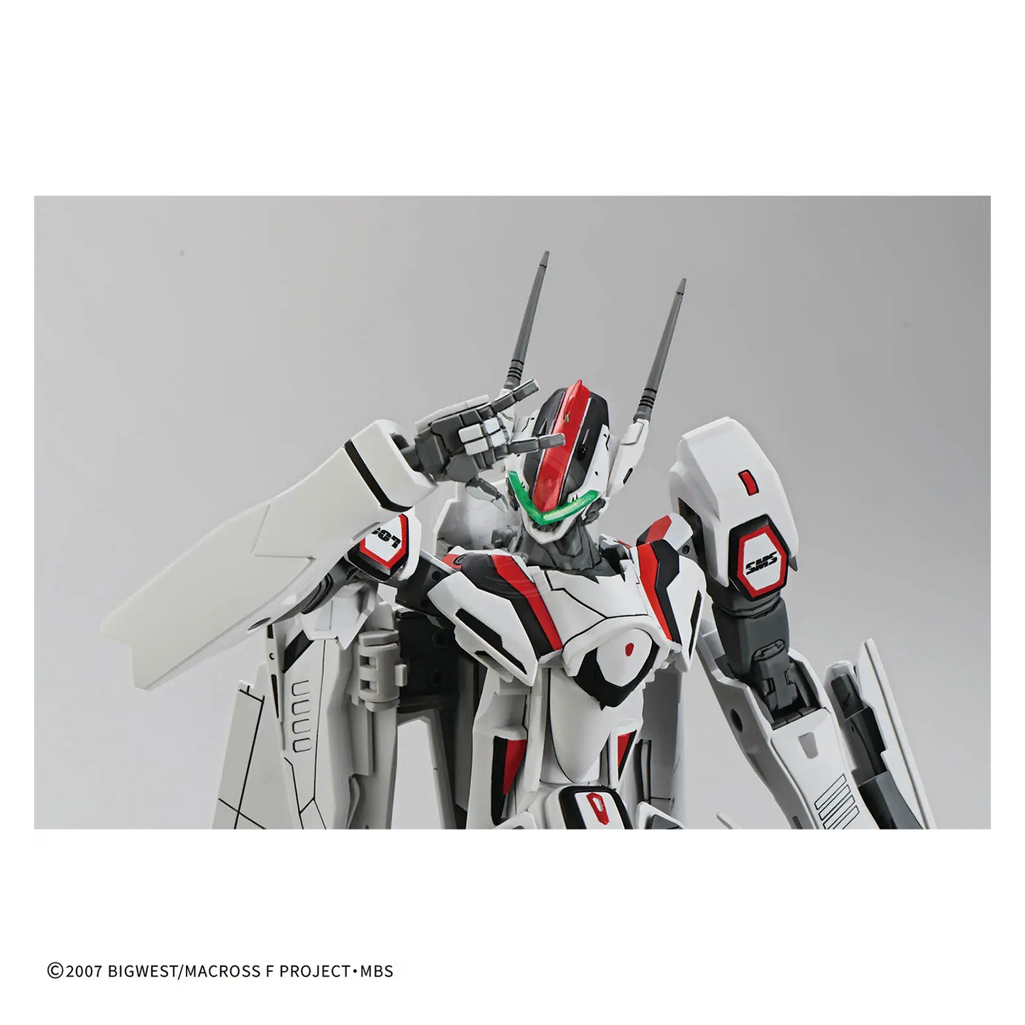 Bandai HG VF-25F Messiah Valkyrie Alto Custom model kit featuring detailed plastic parts and vibrant colors, assembled for display.