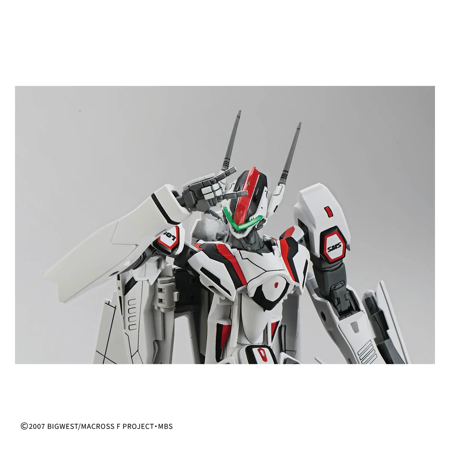 Bandai HG VF-25F Messiah Valkyrie Alto Custom model kit featuring detailed plastic parts and vibrant colors, assembled for display.