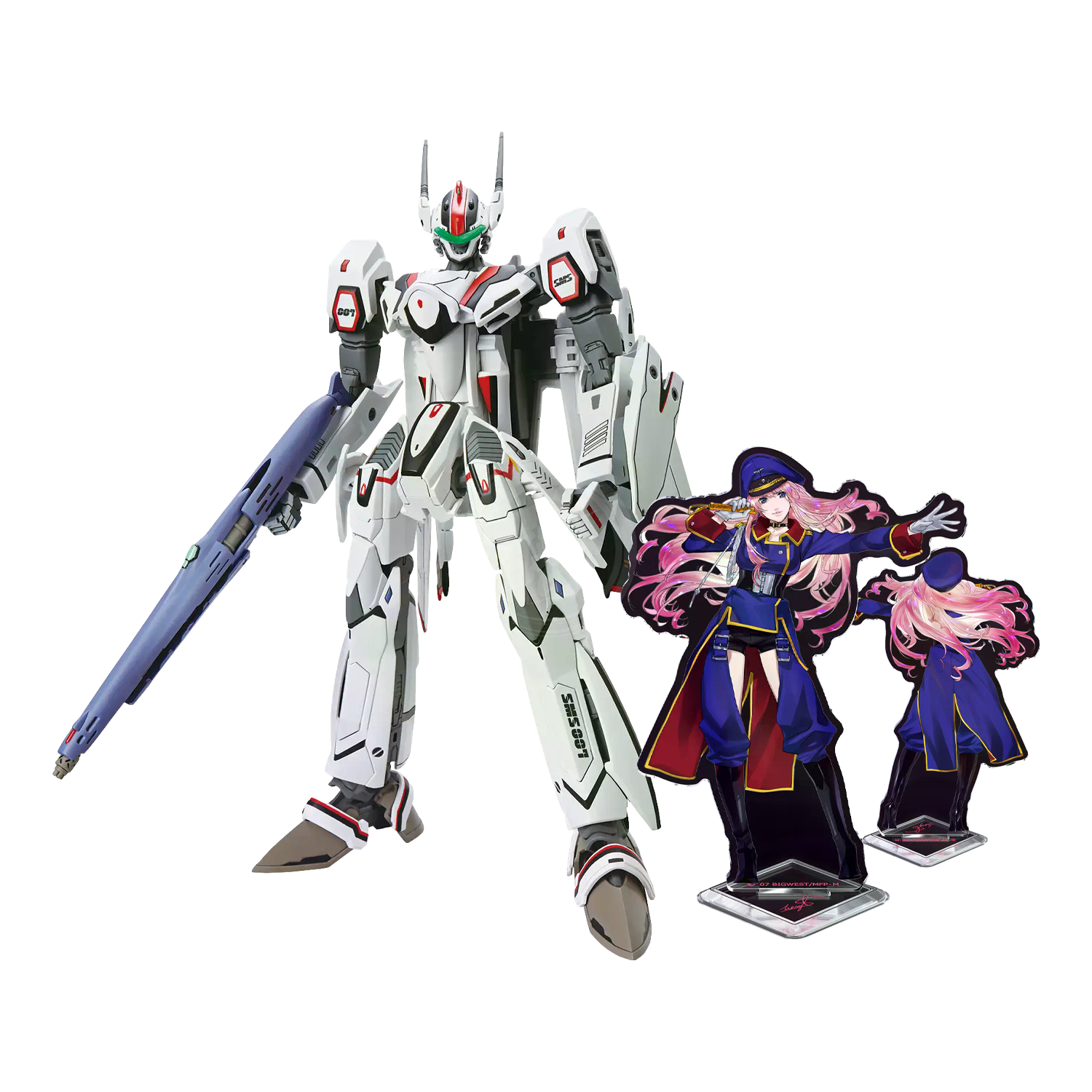 Bandai HG VF-25F Messiah Valkyrie Alto Custom model kit with detailed parts and vibrant colors, displayed assembled and ready to display.