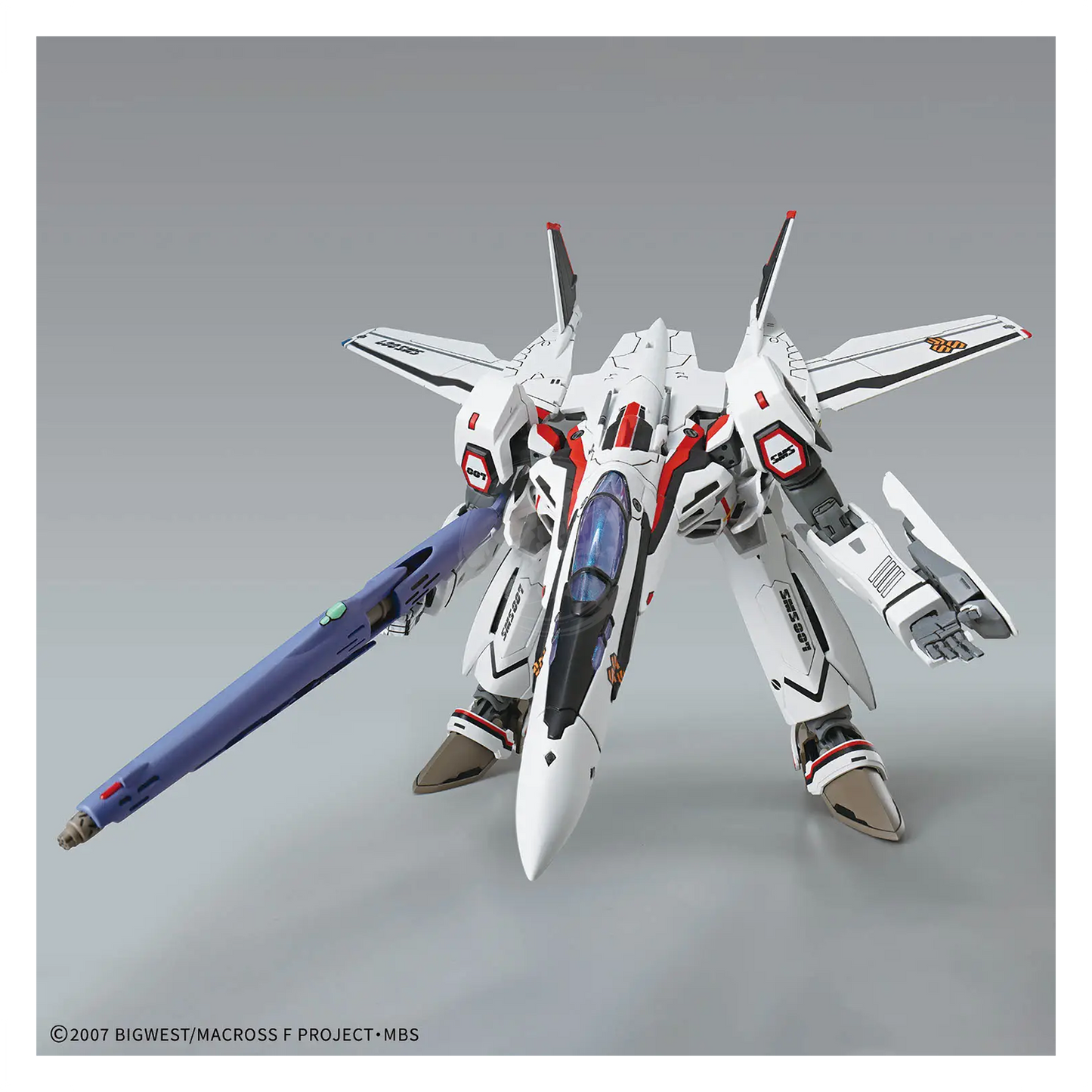 Bandai HG VF-25F Messiah Valkyrie Alto Custom model kit with detailed parts and vibrant colors, displayed on a plain background.