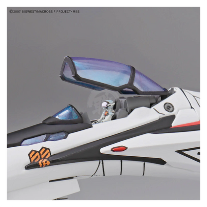 Bandai HG VF-25F Messiah Valkyrie Alto Custom model kit assembled and displayed with detailed paint and articulation.