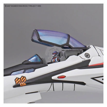 Bandai HG VF-25F Messiah Valkyrie Alto Custom model kit displayed with detailed armor and weapon accessories.