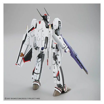 Bandai HG VF-25F Messiah Valkyrie Alto Custom model kit assembled with detailed white, blue, and yellow armor and weapon accessories.