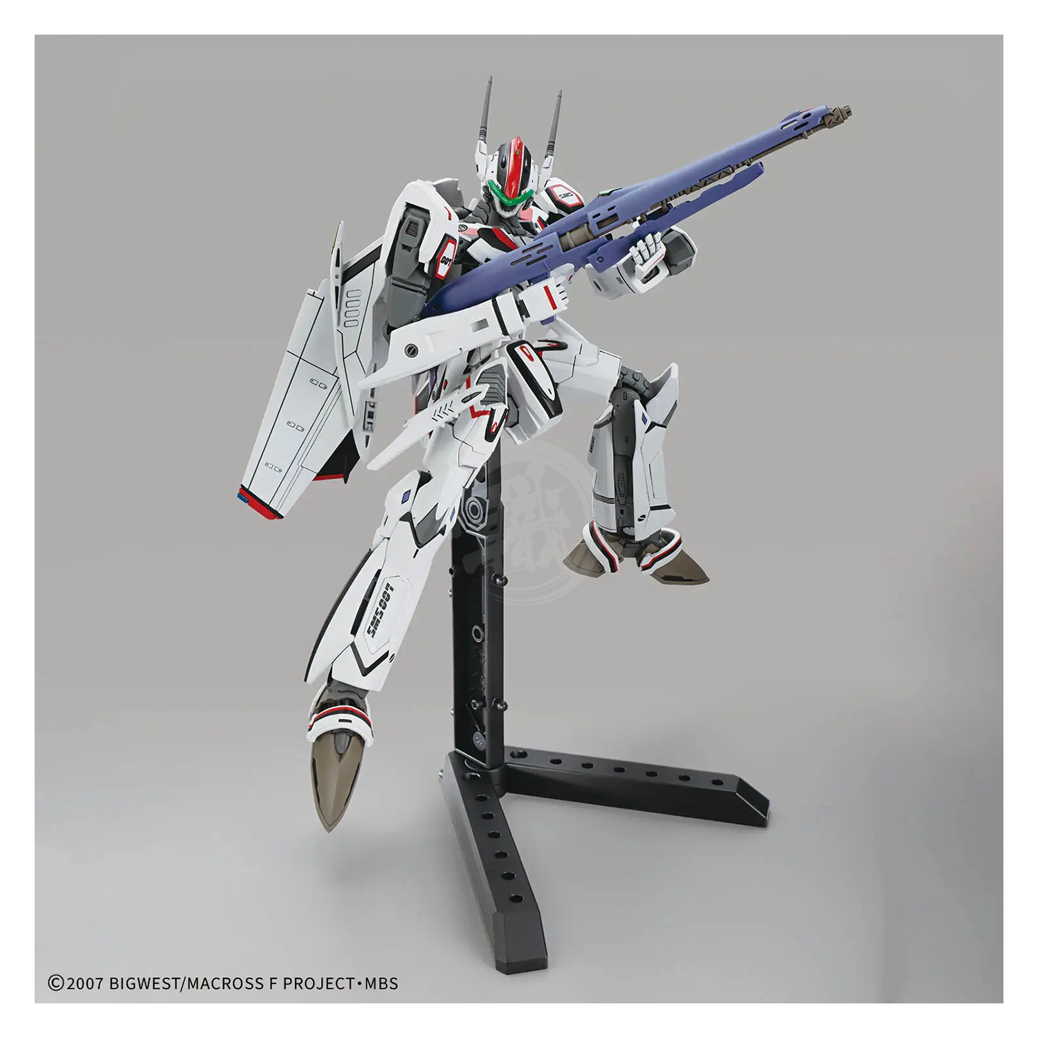 Bandai HG VF-25F Messiah Valkyrie Alto Custom model kit with detailed parts and vibrant colors, assembled for display.