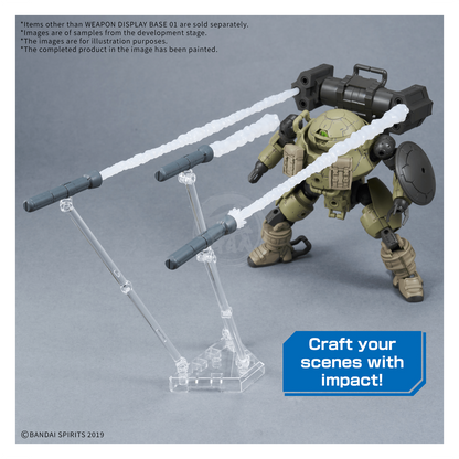 Bandai Weapon Display Base 01 for model kits, featuring a sturdy stand with detailed design for showcasing Gunpla models.