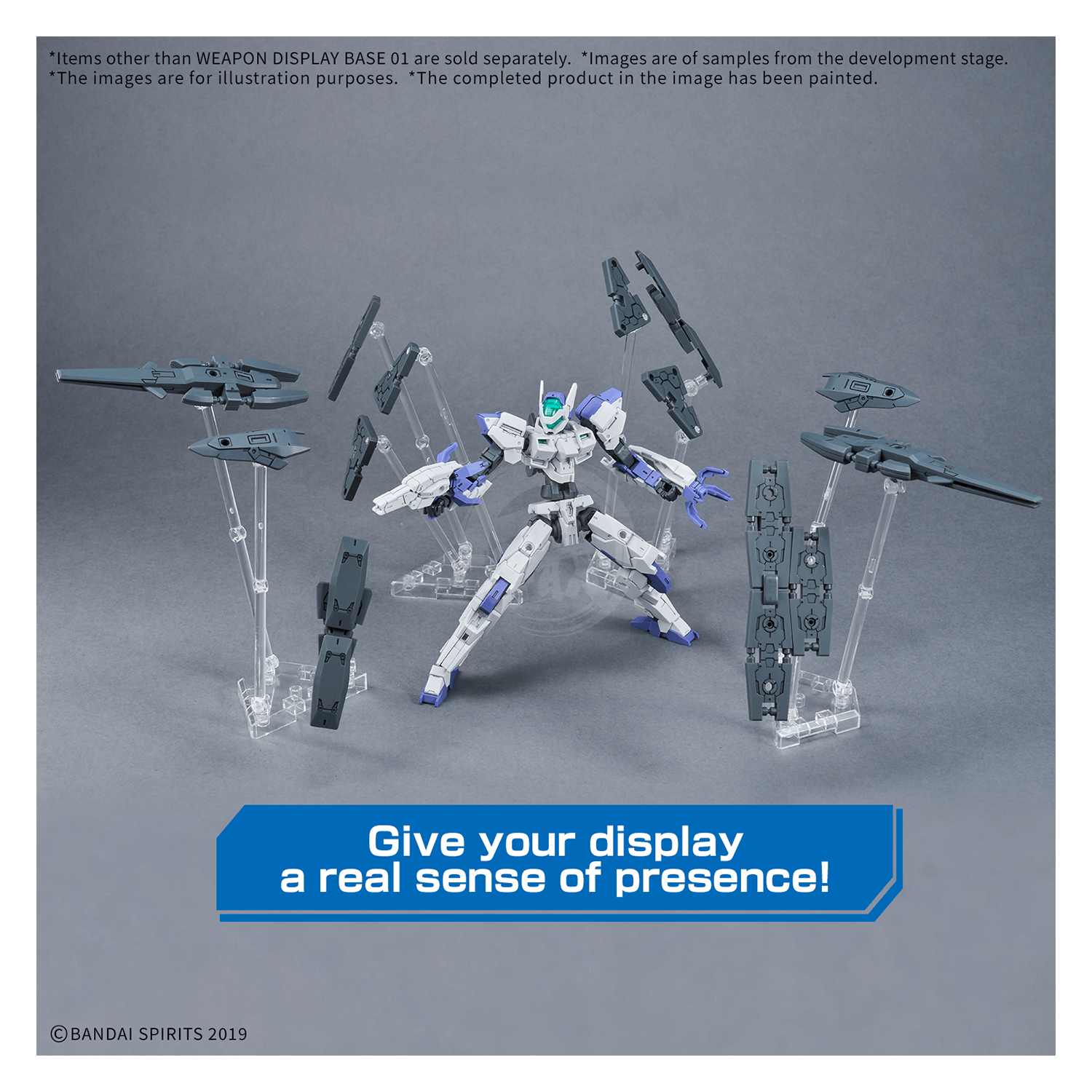 Bandai Weapon Display Base 01 for model kits, shown in black with a textured surface and adjustable support arms.