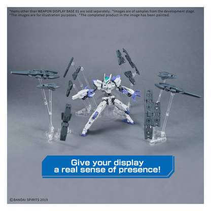 Bandai Weapon Display Base 01 for model kits, shown in black with a textured surface and adjustable support arms.