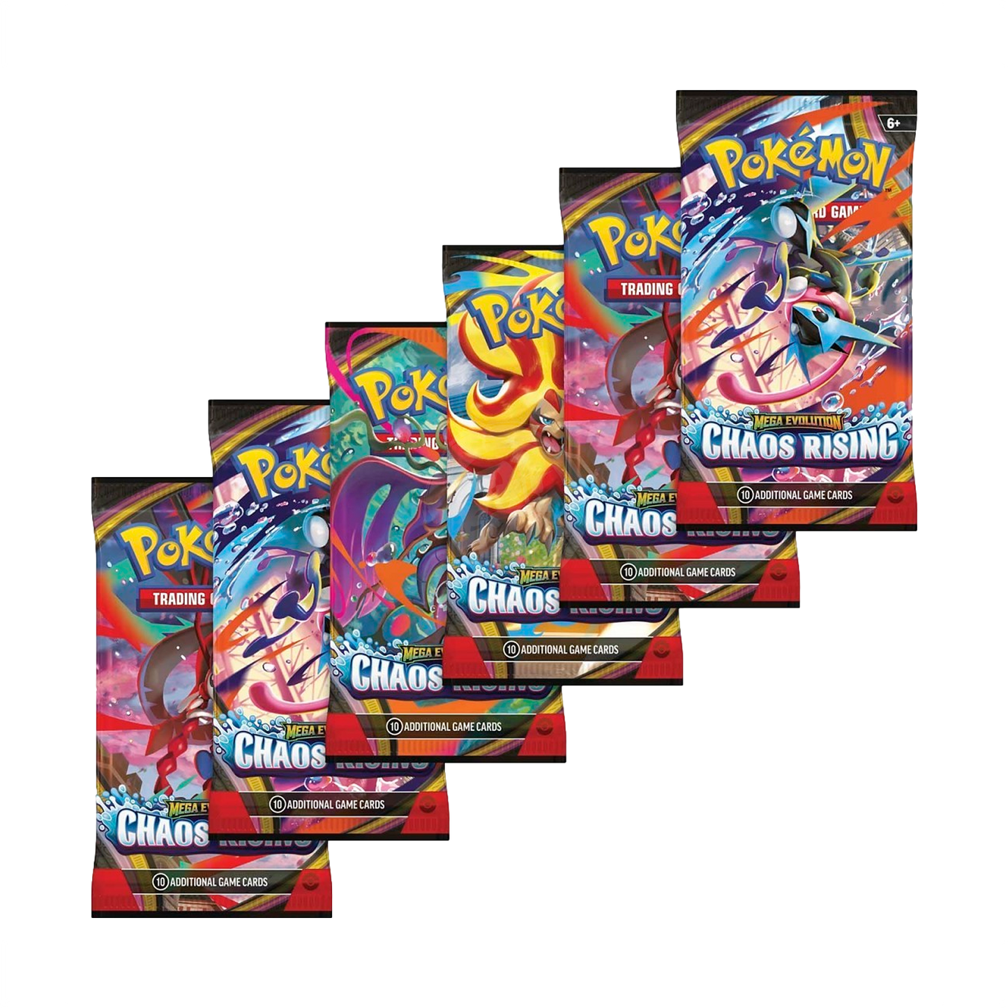 Pokémon TCG Chaos Rising Booster Bundle with multiple booster packs featuring Pokémon cards and vibrant packaging.