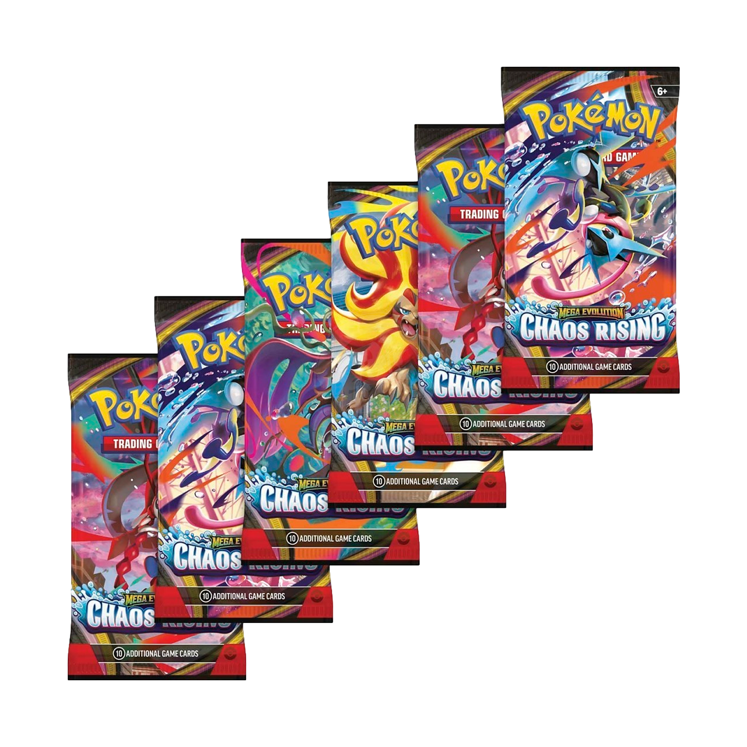 Pokémon TCG Chaos Rising Booster Bundle with multiple booster packs featuring Pokémon cards and vibrant packaging.