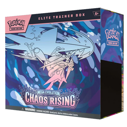 Pokemon TCG Chaos Rising Elite Trainer Box with booster packs, card sleeves, and accessories for Pokemon trading card game.