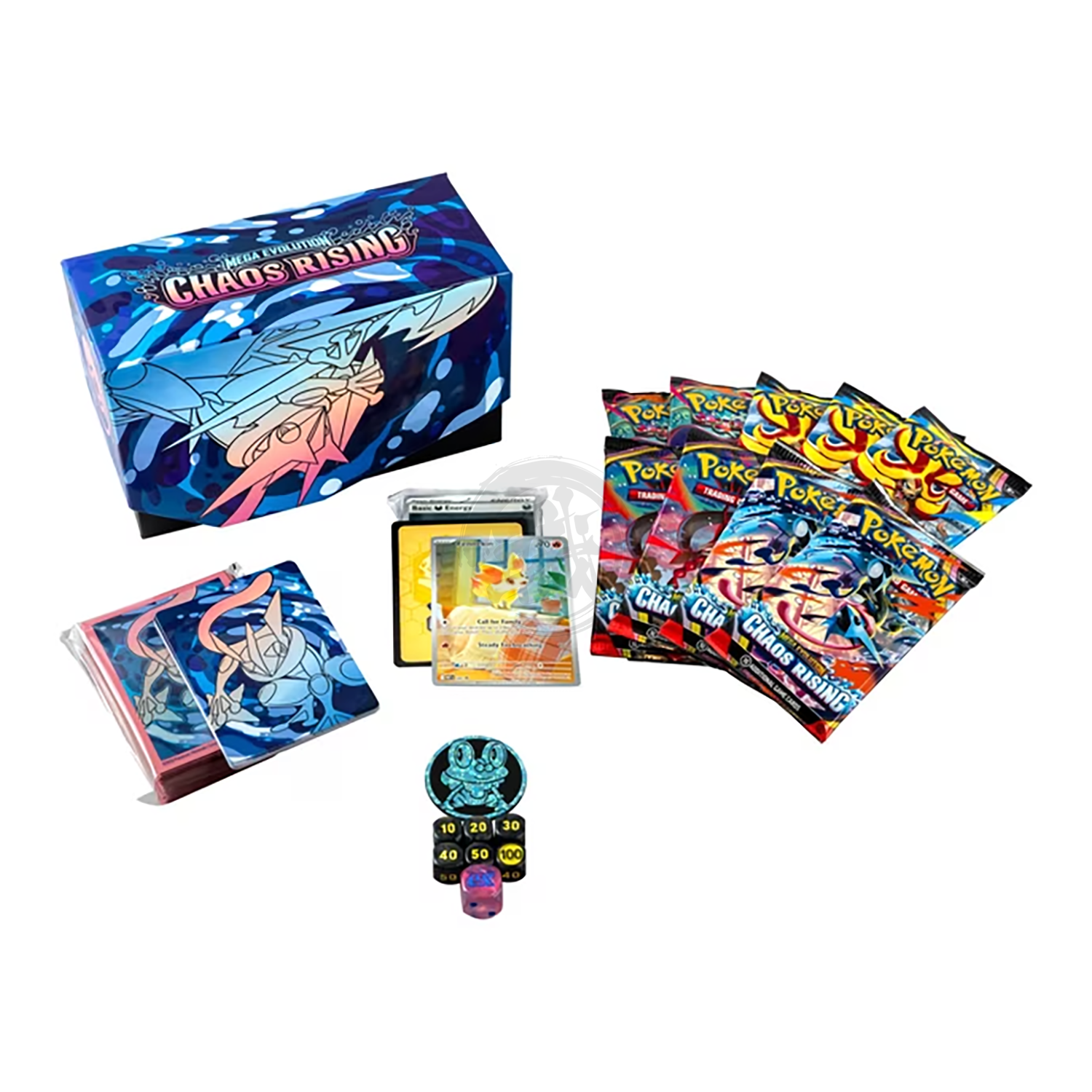 Pokemon TCG Chaos Rising Elite Trainer Box featuring booster packs, card storage, and accessories for Pokémon trading card game.
