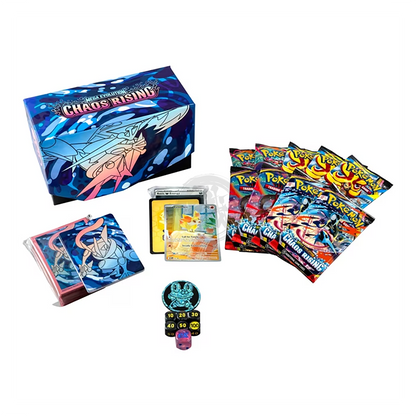 Pokemon TCG Chaos Rising Elite Trainer Box featuring booster packs, card storage, and accessories for Pokémon trading card game.