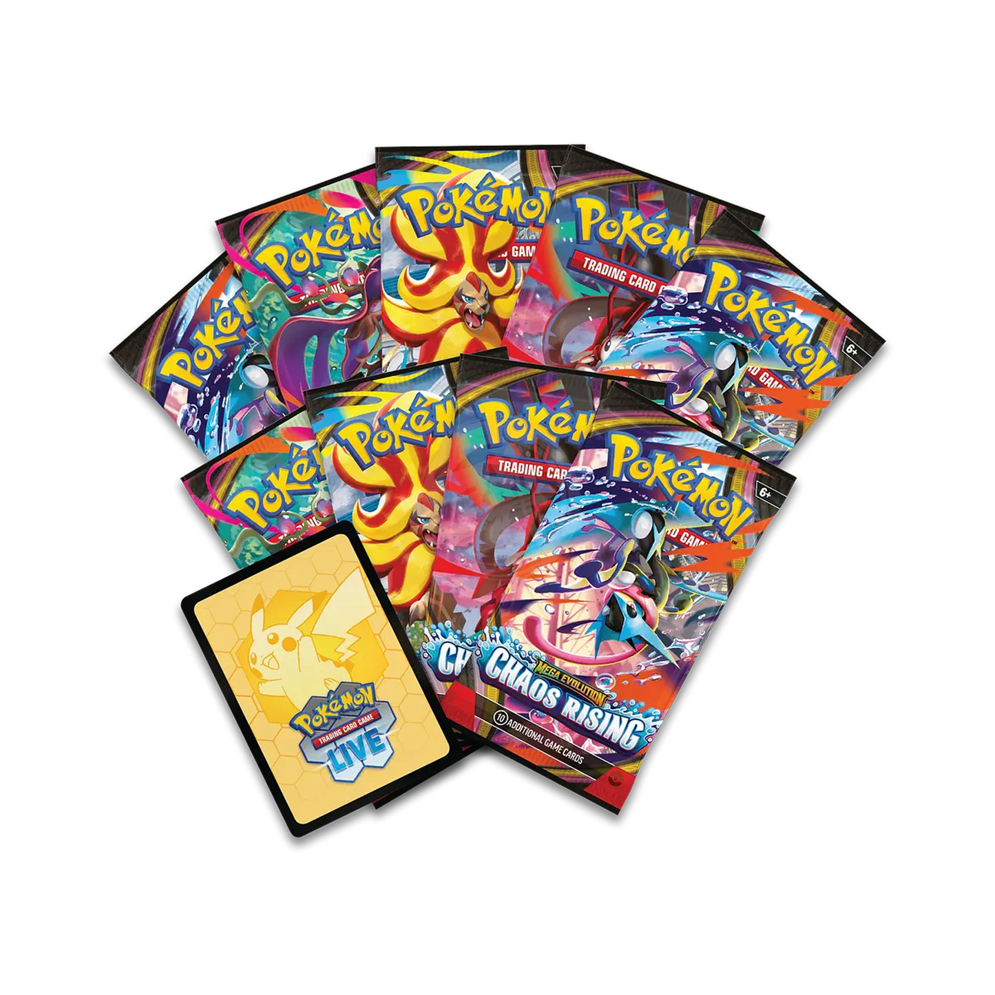 Pokemon Chaos Rising Elite Trainer Box for Pokémon TCG, featuring booster packs, card sleeves, and accessories.