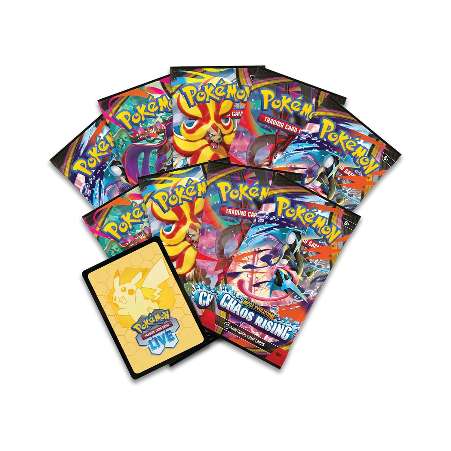 Pokemon Chaos Rising Elite Trainer Box for Pokémon TCG, featuring booster packs, card sleeves, and accessories.