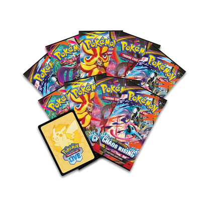 Pokemon Chaos Rising Elite Trainer Box for Pokémon TCG, featuring booster packs, card sleeves, and accessories.