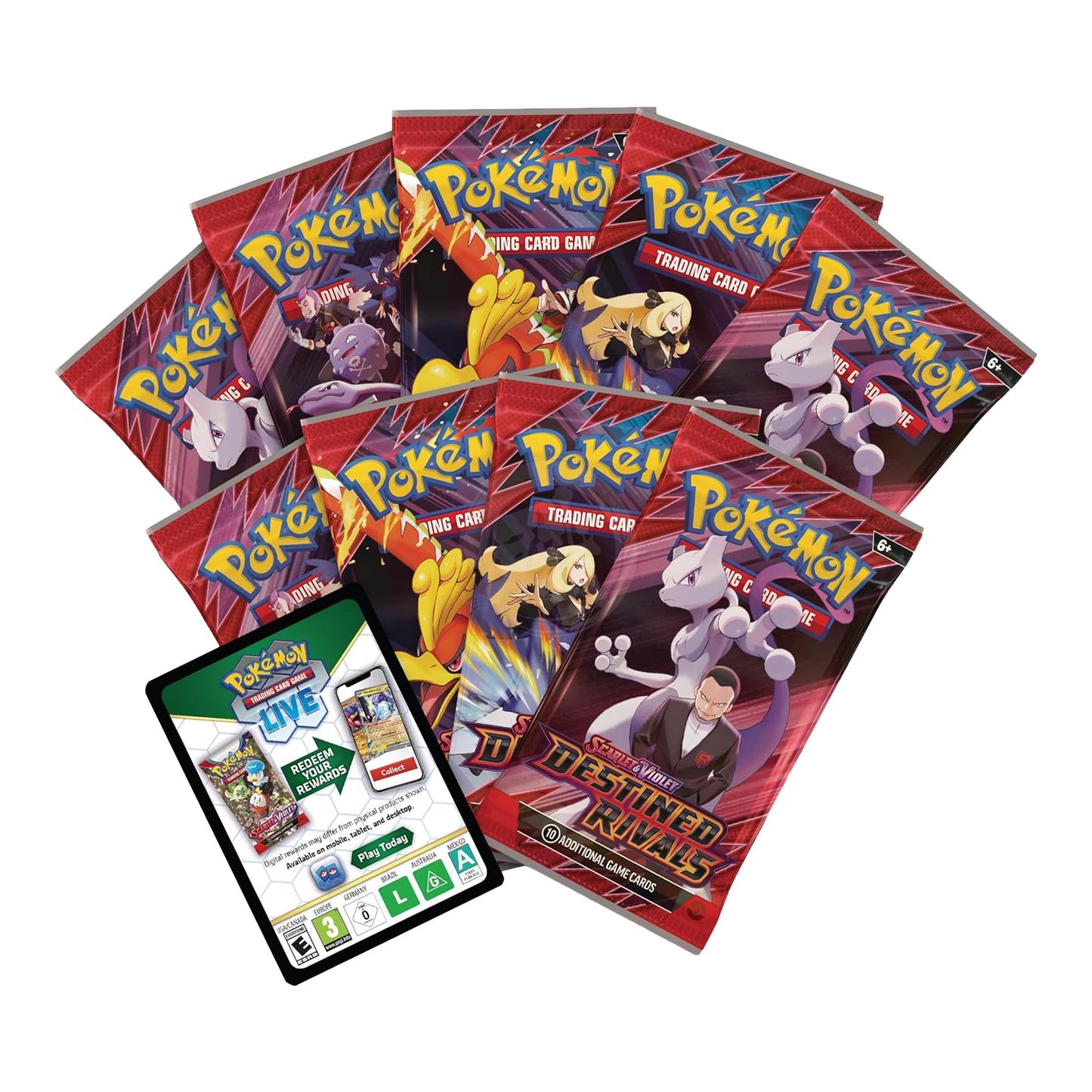 Pokemon TCG Destined Rivals Elite Trainer Box with booster packs and accessories, featuring vibrant artwork and game components.