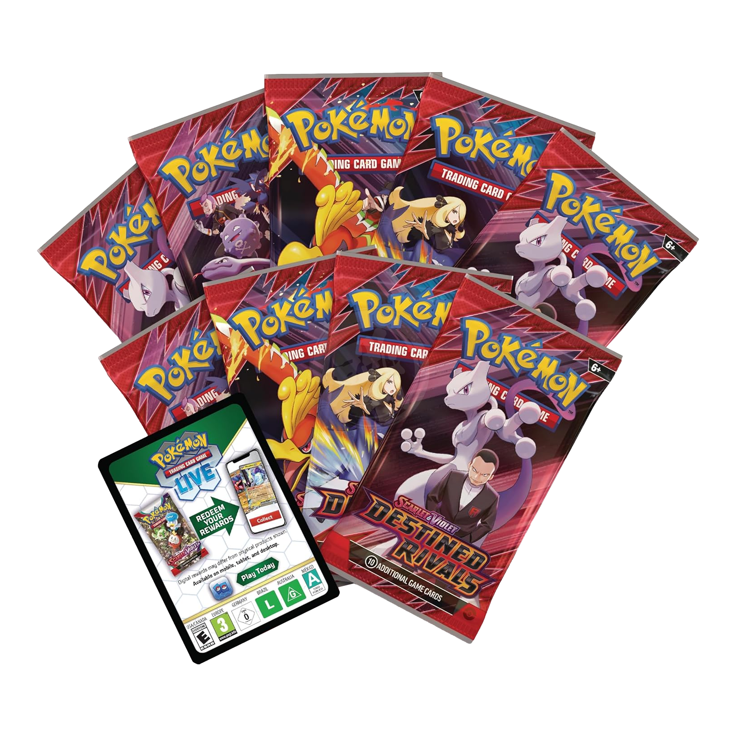 Pokemon TCG Destined Rivals Elite Trainer Box with booster packs and accessories, featuring vibrant artwork and game components.