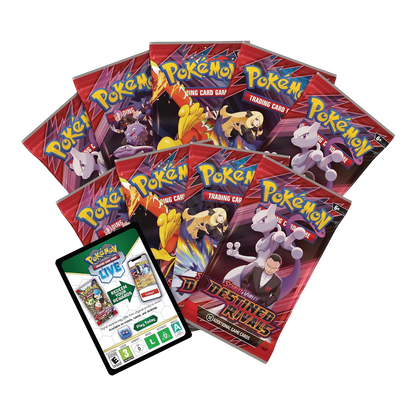 Pokemon TCG Destined Rivals Elite Trainer Box with booster packs and accessories, featuring vibrant artwork and game components.