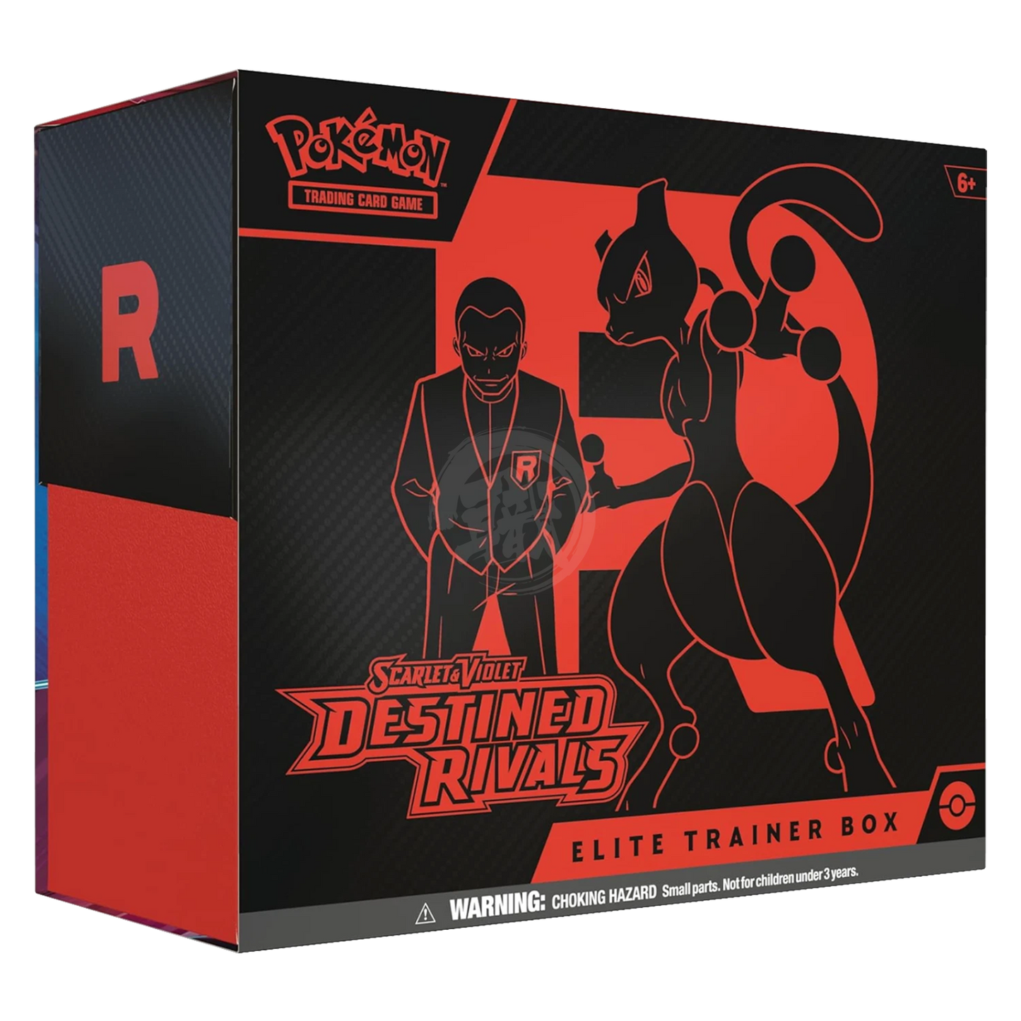 Pokemon TCG Destined Rivals Elite Trainer Box with artwork, booster packs, and accessories inside the box.