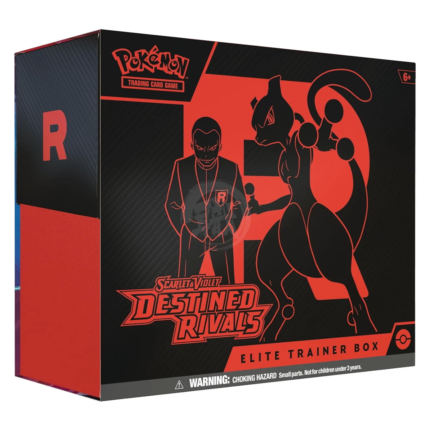 Pokemon TCG Destined Rivals Elite Trainer Box with artwork, booster packs, and accessories inside the box.