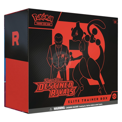 Pokemon TCG Destined Rivals Elite Trainer Box with artwork, booster packs, and accessories inside the box.