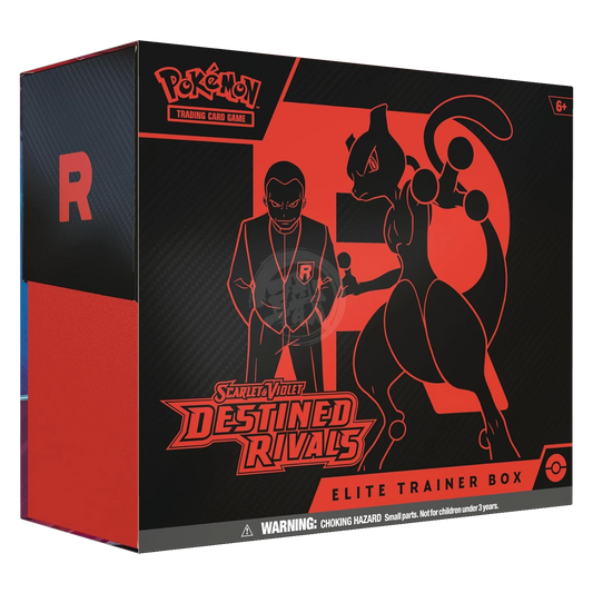 Pokemon TCG Destined Rivals Elite Trainer Box with artwork, booster packs, and accessories inside the box.