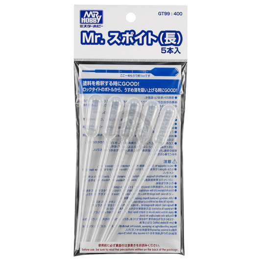 GSI Creos Mr. Drip Dropper long type coloring tool for model painting, shown with a precise, elongated tip for detailed application.