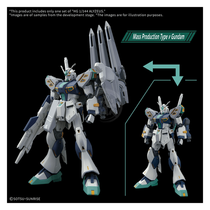 Bandai HG Alyzeus model kit in 1/144 scale, featuring detailed plastic parts and assembly components for Gunpla enthusiasts.