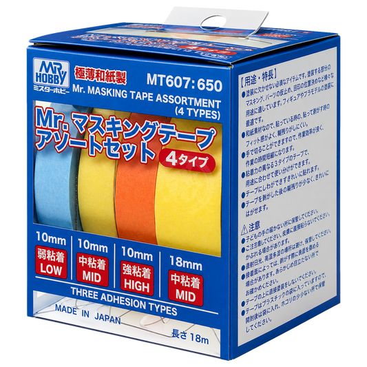 GSI Creos Mr. Masking Tape Assortment Set with four types of coloring tape for precise masking in hobby and craft projects.
