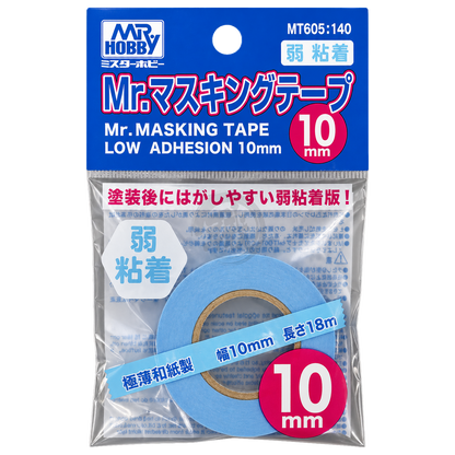 GSI Creos Mr. Masking Tape Low Adhesion 10mm for coloring tools, shown on a surface with the tape rolled out for masking detail.