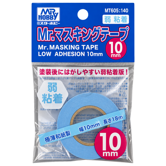 GSI Creos Mr. Masking Tape Low Adhesion 10mm for coloring tools, shown on a surface with the tape rolled out for masking detail.
