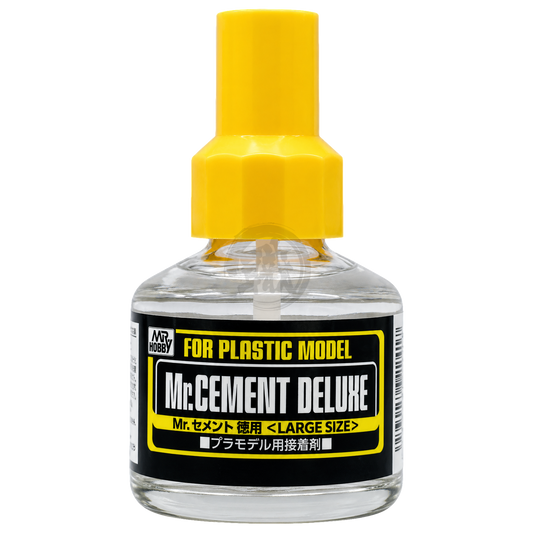 GSI Creos Mr.Cement Deluxe bottle for model building and cement application, with label and nozzle visible in the image.