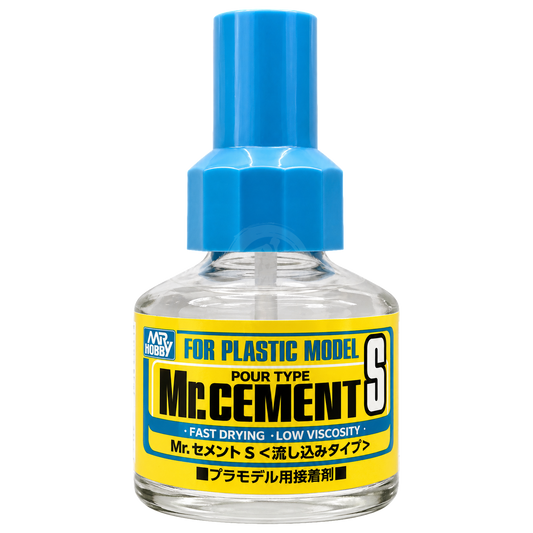 GSI Creos Mr. Cement S, a small container of cement for model building and crafting, with a precise applicator tip.