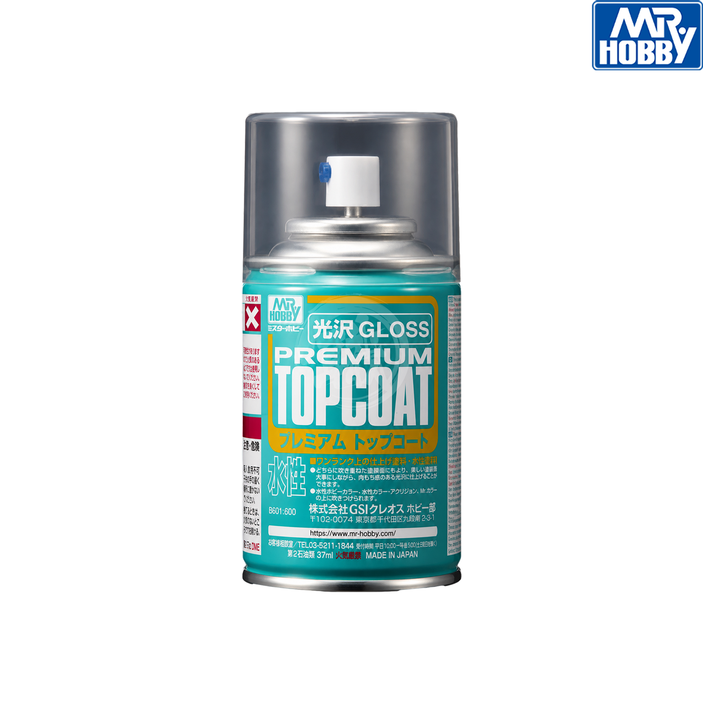 GSI Creos Premium Top Coat Gloss paint bottle with label, used for finishing model kits and providing a shiny protective coat.
