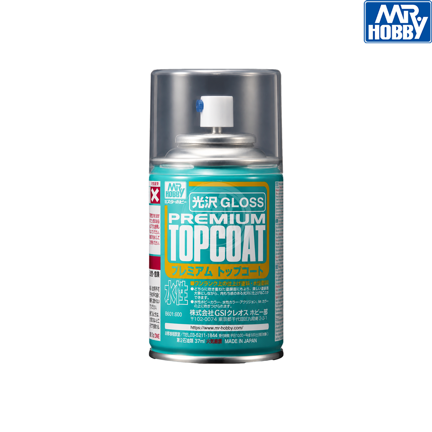 GSI Creos Premium Top Coat Gloss paint bottle with label, used for finishing model kits and providing a shiny protective coat.