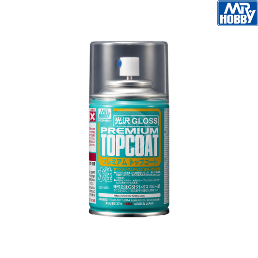 GSI Creos Premium Top Coat Gloss paint bottle with label, used for finishing model kits and providing a shiny protective coat.