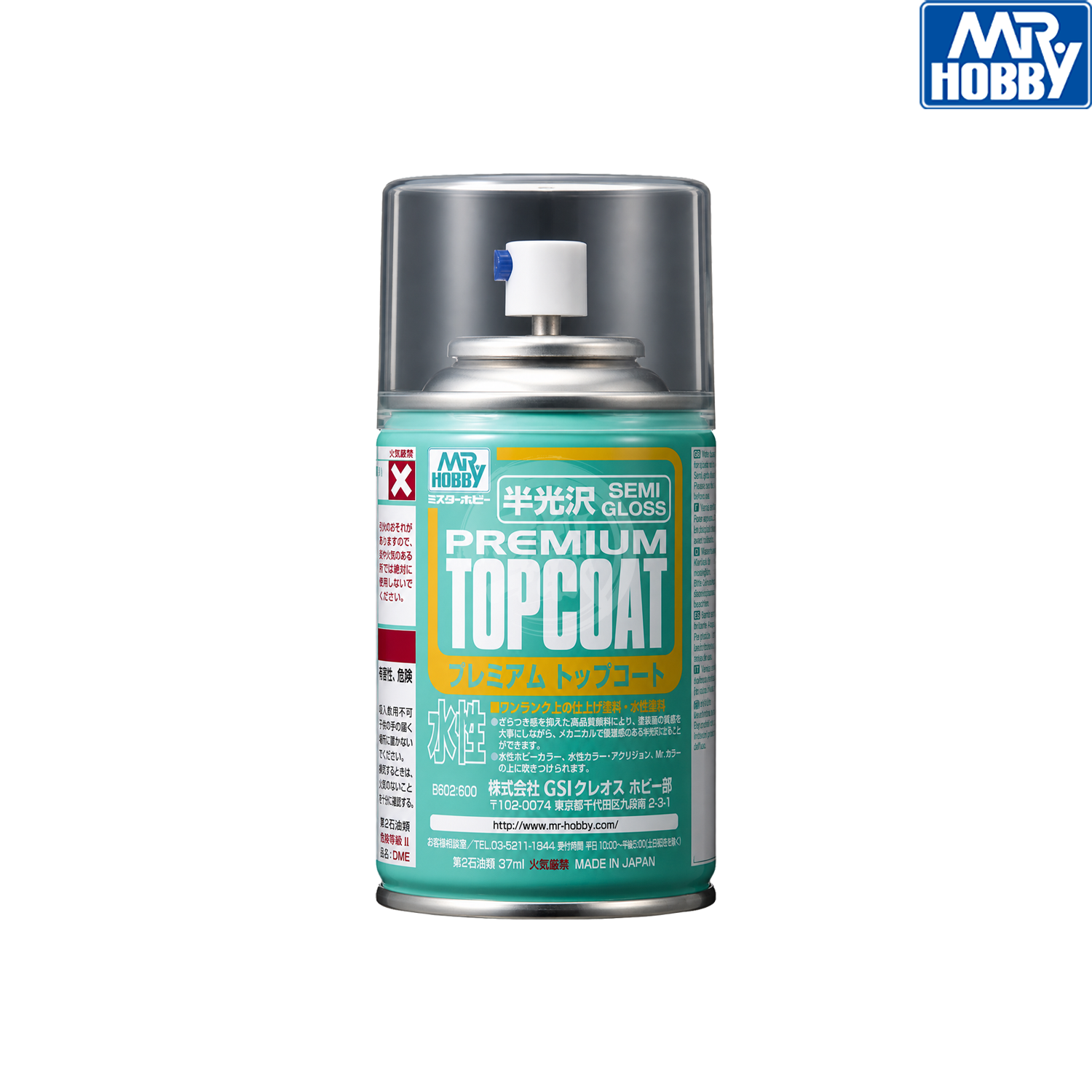 Semi-gloss premium top coat paint by GSI Creos, shown in a clear container with the semi-gloss finish visible.