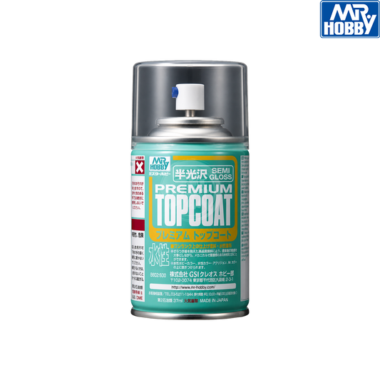 Semi-gloss premium top coat paint by GSI Creos, shown in a clear container with the semi-gloss finish visible.