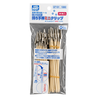 GSI Creos Mr. Almighty Mini Clips GT101 coloring tools for model building, shown in a close-up of the small, colorful clips.