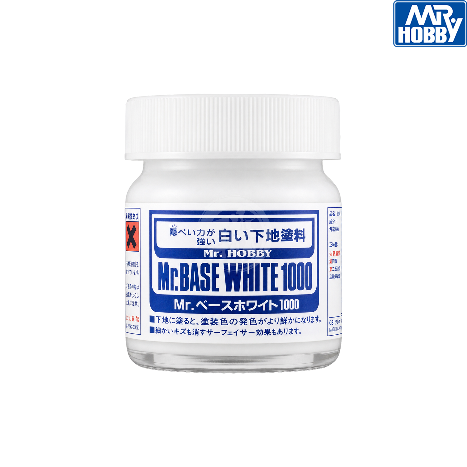 GSI Creos Mr.Base White 1000 paint bottle for model building and hobby projects, featuring a white paint with a precise applicator nozzle.