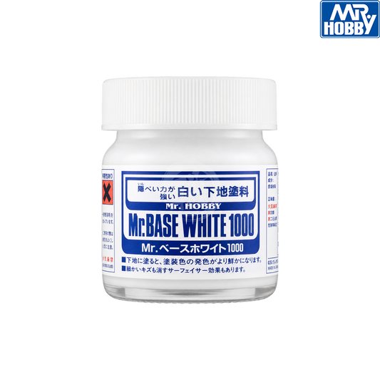 GSI Creos Mr.Base White 1000 paint bottle for model building and hobby projects, featuring a white paint with a precise applicator nozzle.