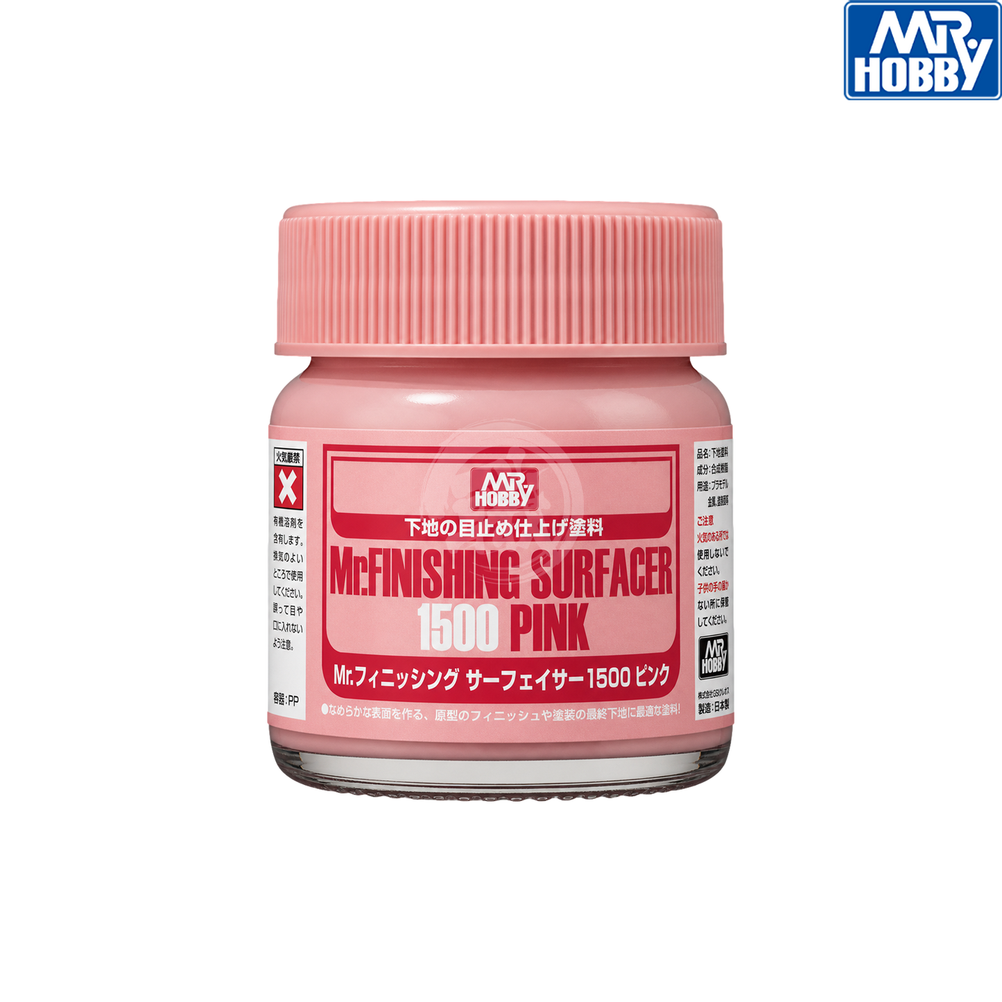 GSI Creos Mr.Finishing Surfacer 1500 Pink paint bottle for model finishing and surface preparation.