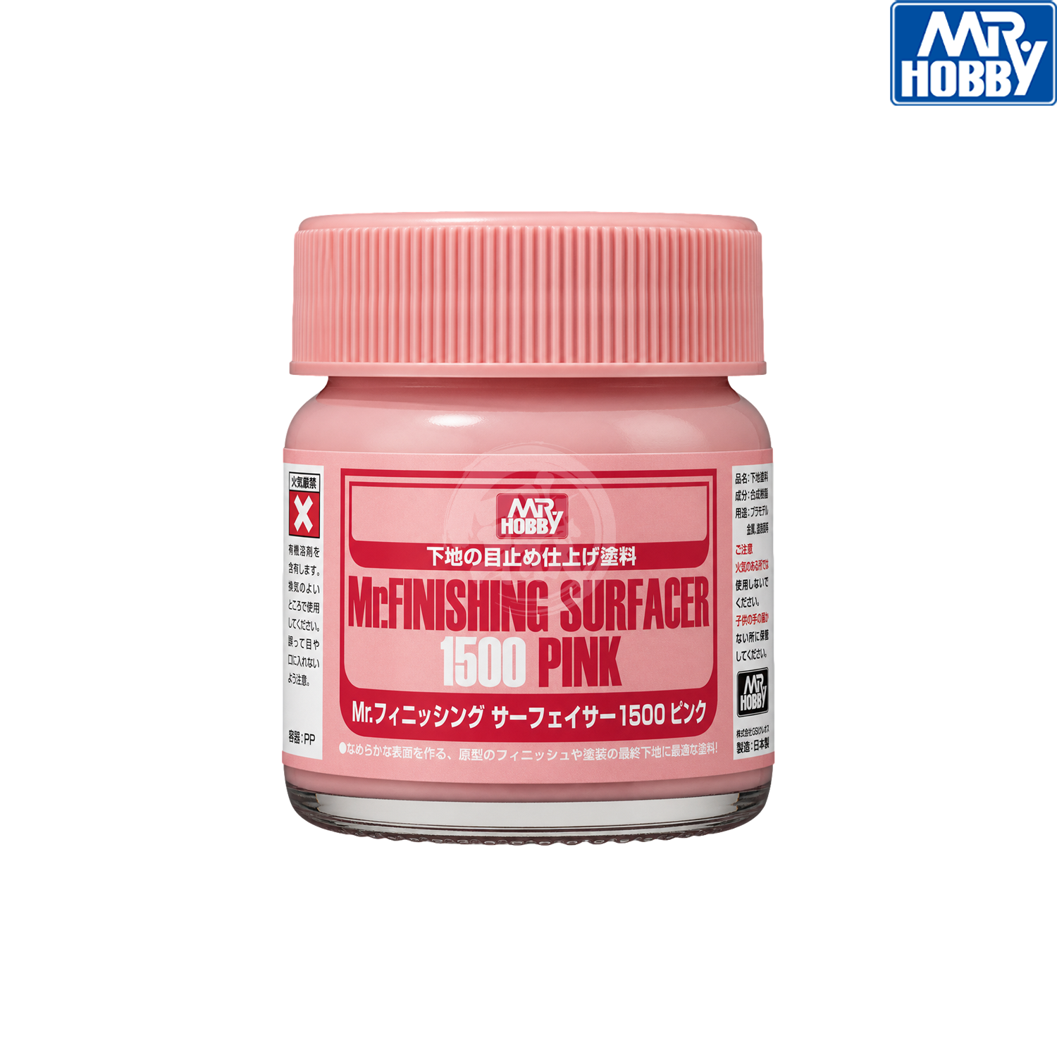 GSI Creos Mr.Finishing Surfacer 1500 Pink paint bottle for model finishing and surface preparation.