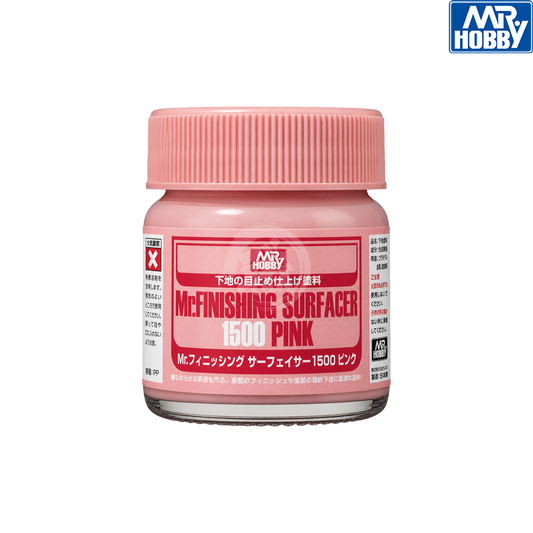 GSI Creos Mr.Finishing Surfacer 1500 Pink paint bottle for model finishing and surface preparation.
