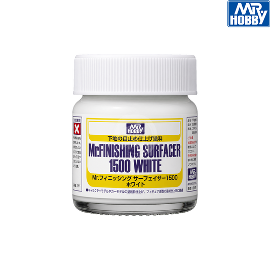 GSI Creos Mr. Finishing Surfacer 1500 White paint bottle for model finishing and surface preparation.