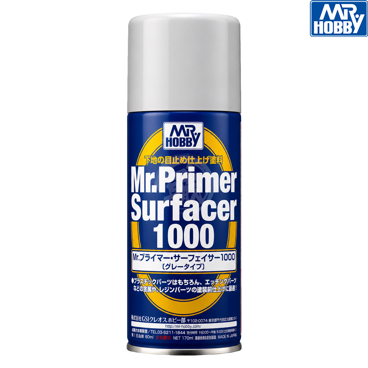 Grey Mr.Primer Surfacer 1000 aerosol can by GSI Creos with a spray nozzle, used for priming and surface preparation.
