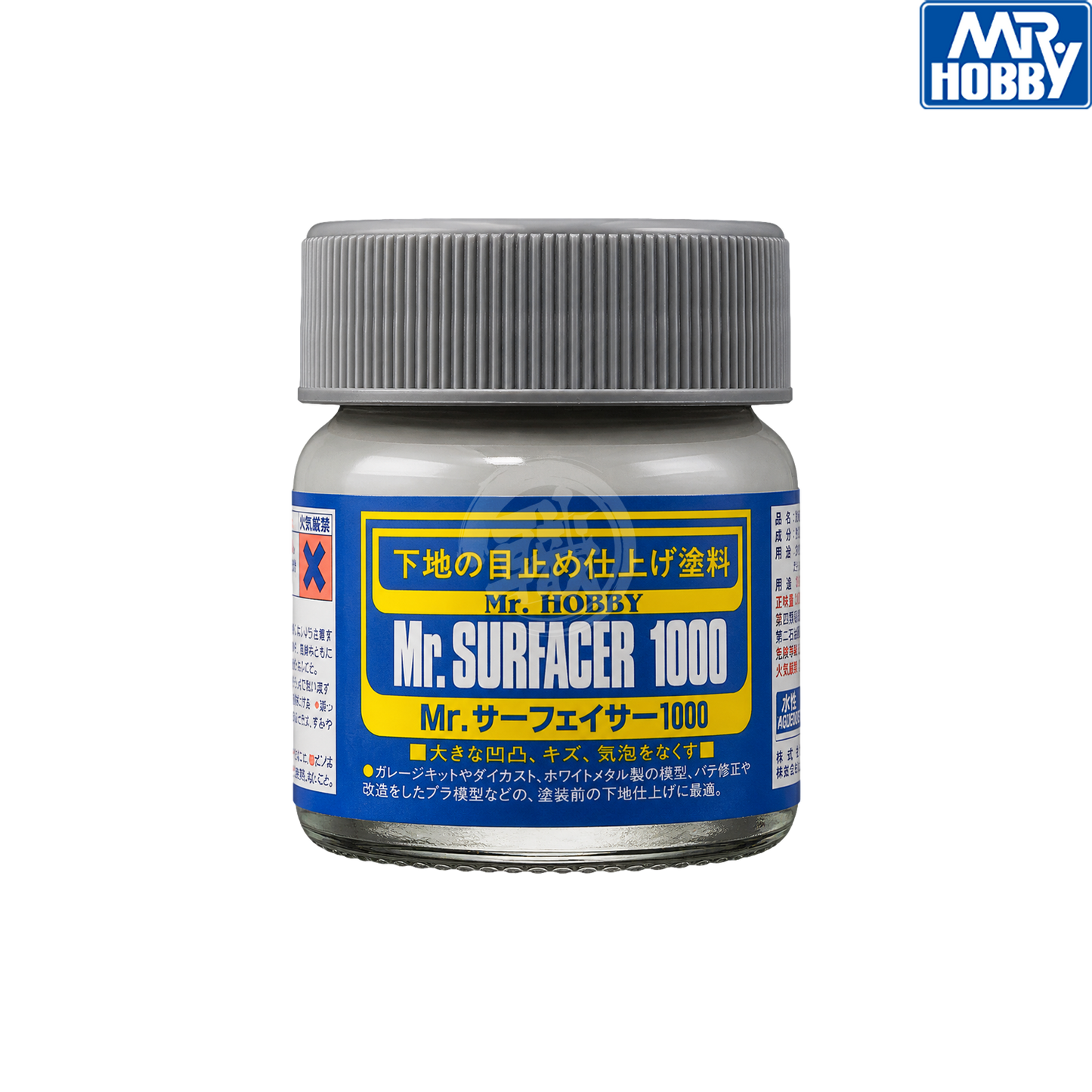Grey Mr. Surfacer 1000 paint by GSI Creos for model finishing, shown in a container with a brush and application surface.