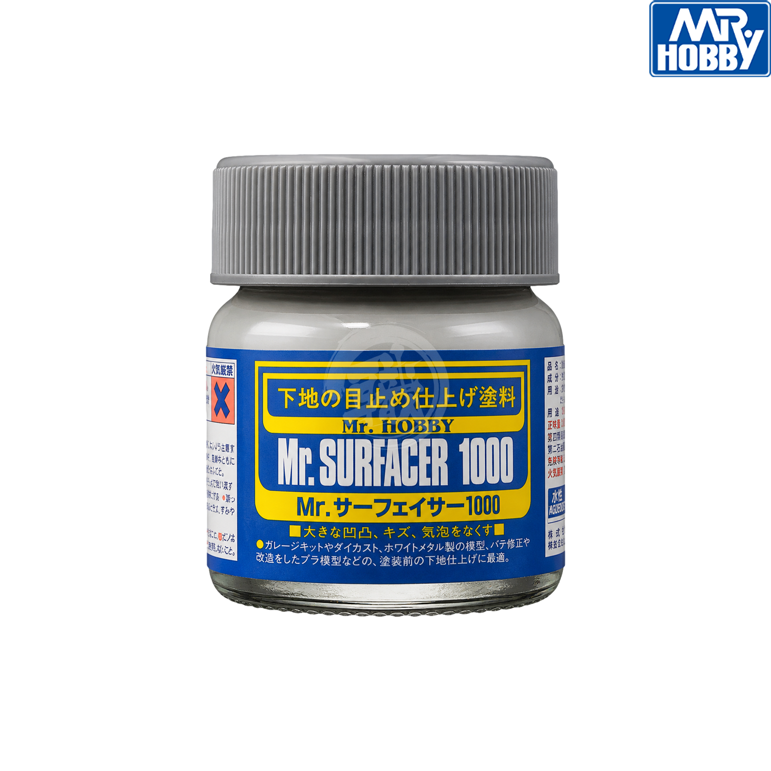 Grey Mr. Surfacer 1000 paint by GSI Creos for model finishing, shown in a container with a brush and application surface.